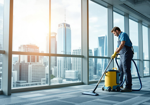 professional vacuums freshly installed carpet in office building