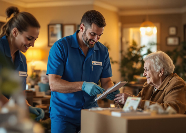 professionals document items with elderly woman