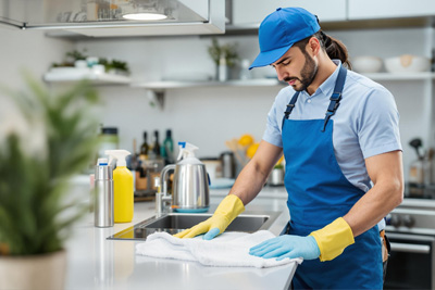 technician cleaning a professional kitchen countertop