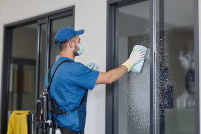 technician cleans window with special solution
