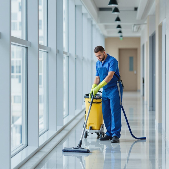 technician vacuums tile floor in new building